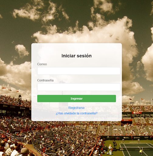 Pantalla de inicio de sesión de APP Tenis sobre una pista de tenis